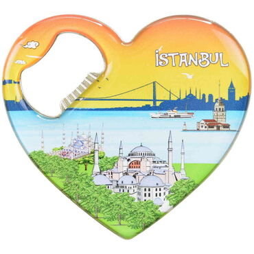Toptan İstanbul Temalı Myros Metal Kalp Açacak Magnet 85x76 mm - Myros