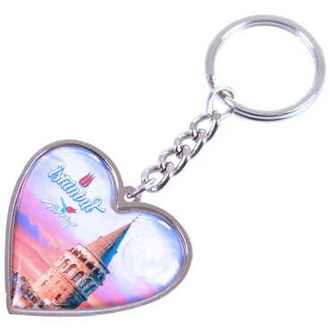 Istanbul Themed Metal Heart ShapedDouble Face Keychain 45x90 mm - 5