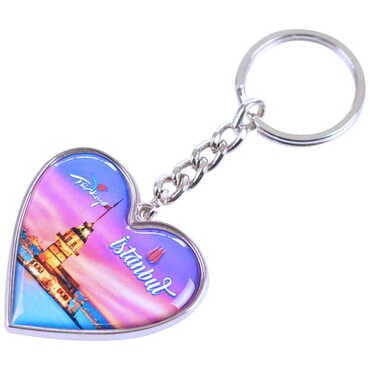 Istanbul Themed Metal Heart ShapedDouble Face Keychain 45x90 mm - 6
