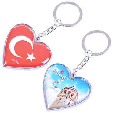 Istanbul Themed Metal Heart ShapedDouble Face Keychain 45x90 mm - 17