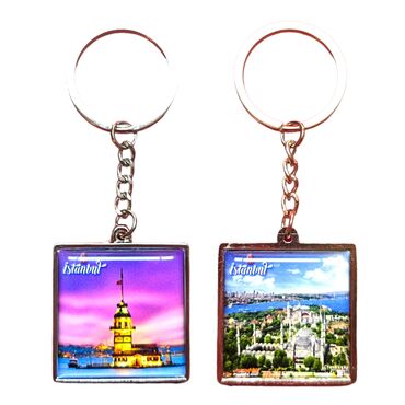 Istanbul Themed Metal Square Shaped Double Face Keychain 36x95 mm - 17