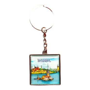 Istanbul Themed Metal Square Shaped Double Face Keychain 36x95 mm - 19
