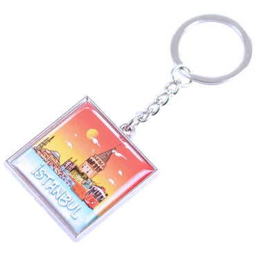 Istanbul Themed Metal Square Shaped Double Face Keychain 36x95 mm - 3
