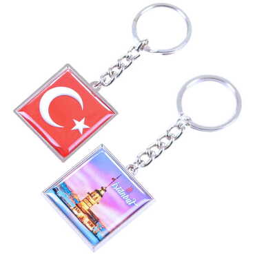 Istanbul Themed Metal Square Shaped Double Face Keychain 36x95 mm - 15