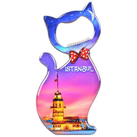 Toptan İstanbul Temalı Myros Metal Kedi Açacak Magnet 97x48 mm