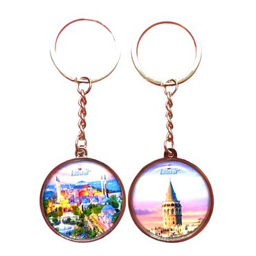 Istanbul Themed Metal Double Face Round Keychain 40x95 mm - 16