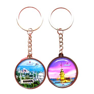 Istanbul Themed Metal Double Face Round Keychain 40x95 mm - 18