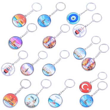 Istanbul Themed Metal Double Face Round Keychain 40x95 mm - 2