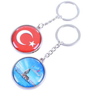 Istanbul Themed Metal Double Face Round Keychain 40x95 mm - 13