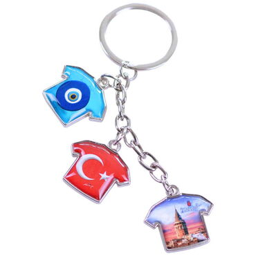 Istanbul Themed Metal Keychain With 3 Charms - T-Shirt 40x95 mm - 9