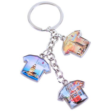 Istanbul Themed Metal Keychain With 3 Charms - T-Shirt 40x95 mm - 10