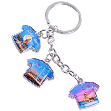 Istanbul Themed Metal Keychain With 3 Charms - T-Shirt 40x95 mm - 11