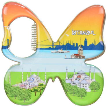 Istanbul Themed Butterfly Shaped Metal Magnetic Bottle Opener 70x70 mm - Thumbnail