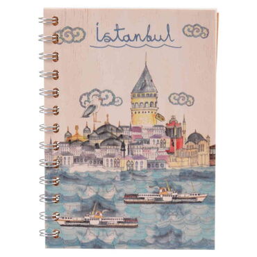 Istanbul Themed Custom Printed Wood Cover Notebook 120x170 mm - Thumbnail