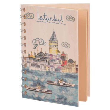 Istanbul Themed Custom Printed Wood Cover Notebook 120x170 mm - Thumbnail