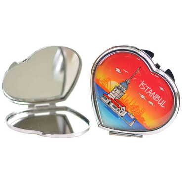 Istanbul Themed Customised Metal Epoxy Travel Make Up Compact Heart Shaped Mirror 70x65x8 mm - Thumbnail