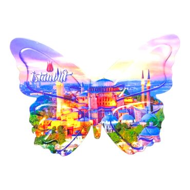 Istanbul Themed Customised UV Printed Plastic Base Butterfly Shaped Fridge Magnet 80x58 mm - Thumbnail