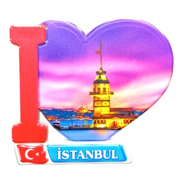 Istanbul Themed Customised UV Printed Plastic Base Heart Shaped Fridge Magnet 86x62 mm - Thumbnail