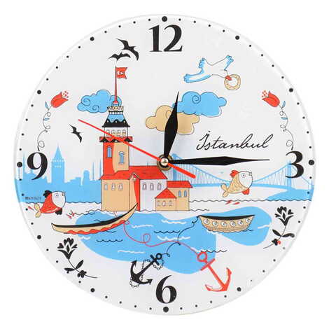 Istanbul Themed Decorative Custom Print Glass Wall Watch 25 Cm