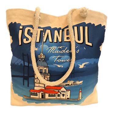 Istanbul Themed Digital Printed Kanvas Beach Bag 35x40 cm - Thumbnail