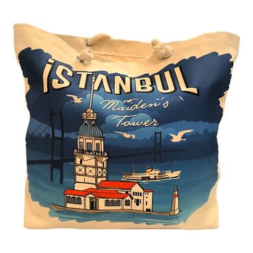 Istanbul Themed Digital Printed Kanvas Beach Bag 35x40 cm - Thumbnail