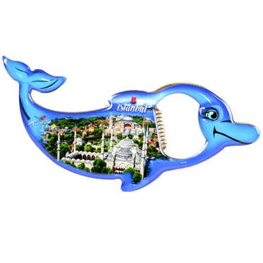 Istanbul Themed Dolphin Shaped Metal Magnetic Bottle Opener 102x67 mm - Thumbnail