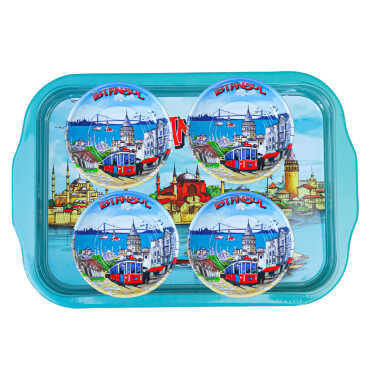 Istanbul Themed Large Metal Tray with Four Bowl Set - 4