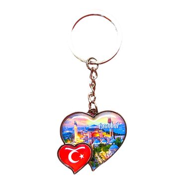 Myros - Istanbul Themed Metal Double Heart Shaped Keychain 40x94 mm