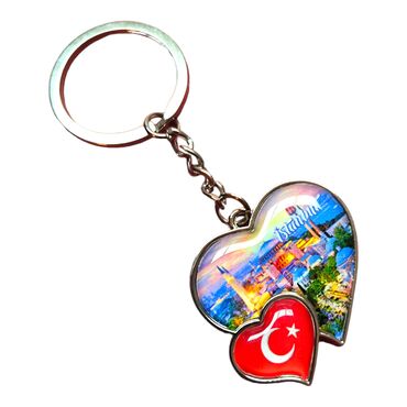 Istanbul Themed Metal Double Heart Shaped Keychain 40x94 mm - Thumbnail