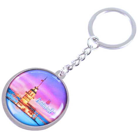 Istanbul Themed Metal Double Face Round Keychain 40x95 mm