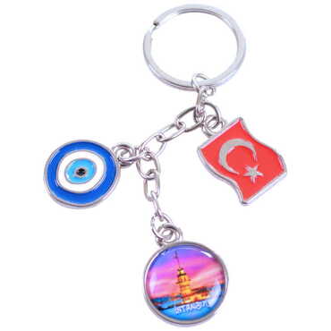 Istanbul Themed Metal Evil Eye Enamel Keychain - Thumbnail