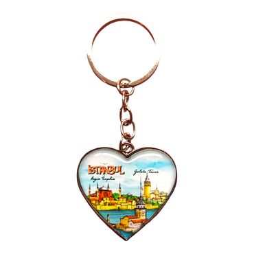 Istanbul Themed Metal Heart Keychain 40x90 mm - Thumbnail