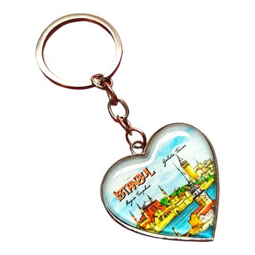 Istanbul Themed Metal Heart Keychain 40x90 mm - Thumbnail