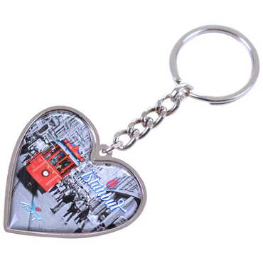 Myros - Istanbul Themed Metal Heart ShapedDouble Face Keychain 45x90 mm