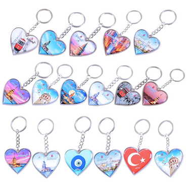 Istanbul Themed Metal Heart ShapedDouble Face Keychain 45x90 mm - 3