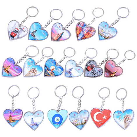 Istanbul Themed Metal Heart ShapedDouble Face Keychain 45x90 mm - 3