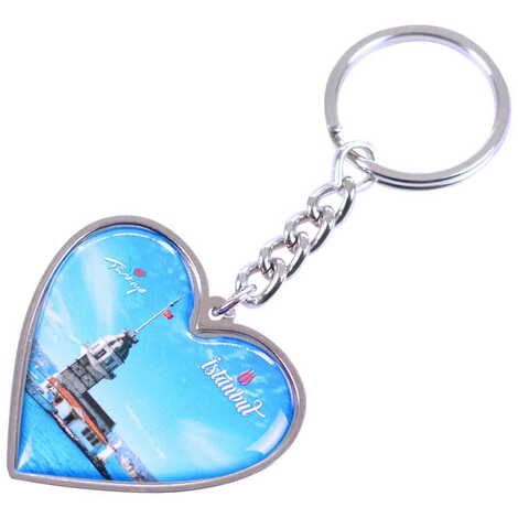 Istanbul Themed Metal Heart ShapedDouble Face Keychain 45x90 mm - 4