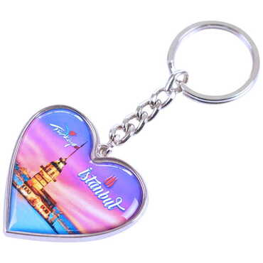 Istanbul Themed Metal Heart ShapedDouble Face Keychain 45x90 mm - 6