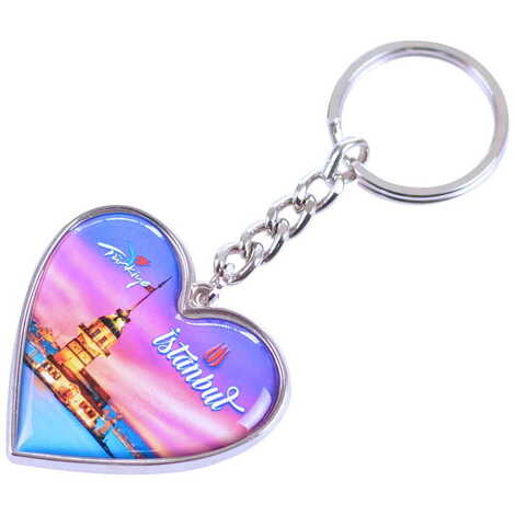 Istanbul Themed Metal Heart ShapedDouble Face Keychain 45x90 mm - 6