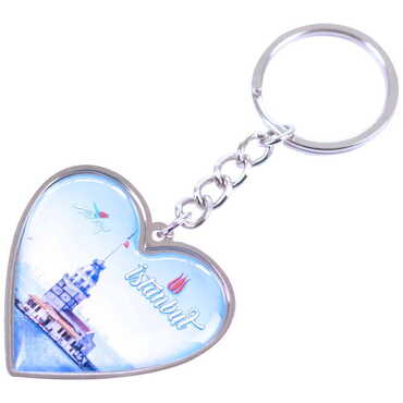 Istanbul Themed Metal Heart ShapedDouble Face Keychain 45x90 mm - 7