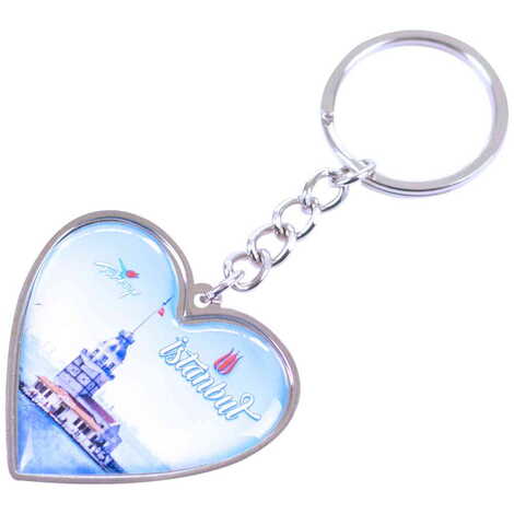 Istanbul Themed Metal Heart ShapedDouble Face Keychain 45x90 mm - 7