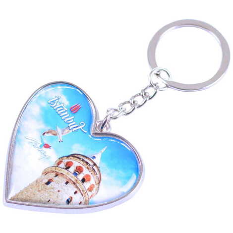 Istanbul Themed Metal Heart ShapedDouble Face Keychain 45x90 mm - 8