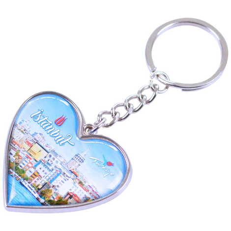 Istanbul Themed Metal Heart ShapedDouble Face Keychain 45x90 mm - 9