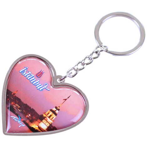 Istanbul Themed Metal Heart ShapedDouble Face Keychain 45x90 mm - 12