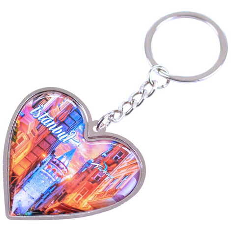 Istanbul Themed Metal Heart ShapedDouble Face Keychain 45x90 mm - 13