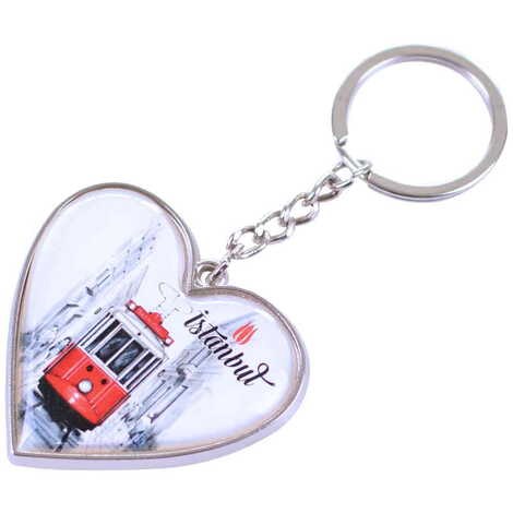 Istanbul Themed Metal Heart ShapedDouble Face Keychain 45x90 mm - 14