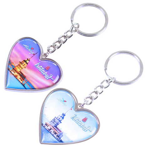 Istanbul Themed Metal Heart ShapedDouble Face Keychain 45x90 mm - 15
