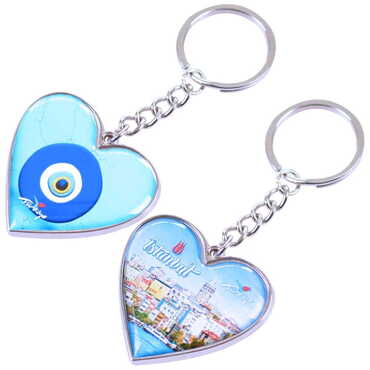 Istanbul Themed Metal Heart ShapedDouble Face Keychain 45x90 mm - 16