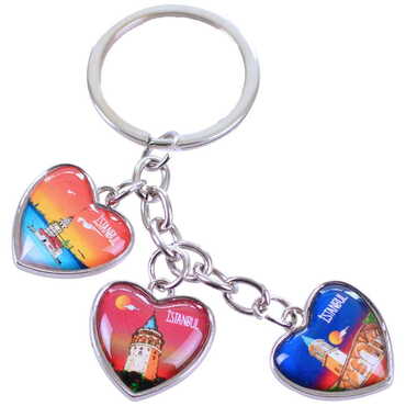 Istanbul Themed Metal Keychain With 3 Charms - Heart 40x85 mm - Thumbnail