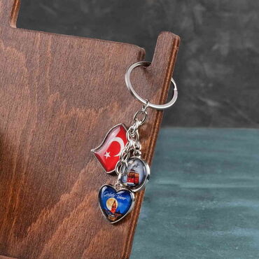 Istanbul Themed Metal Keychain With 3 Charms - Mixed 40x90 mm - Thumbnail